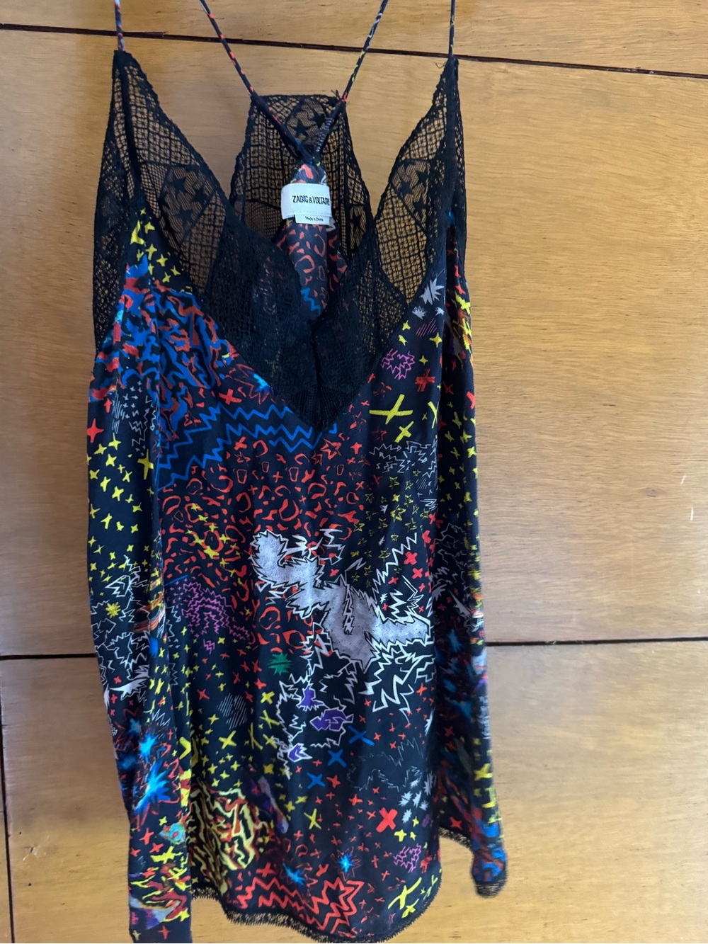 Zadig & Voltaire Christy Black Multicolor Star & Abstract Print Lace Cami
